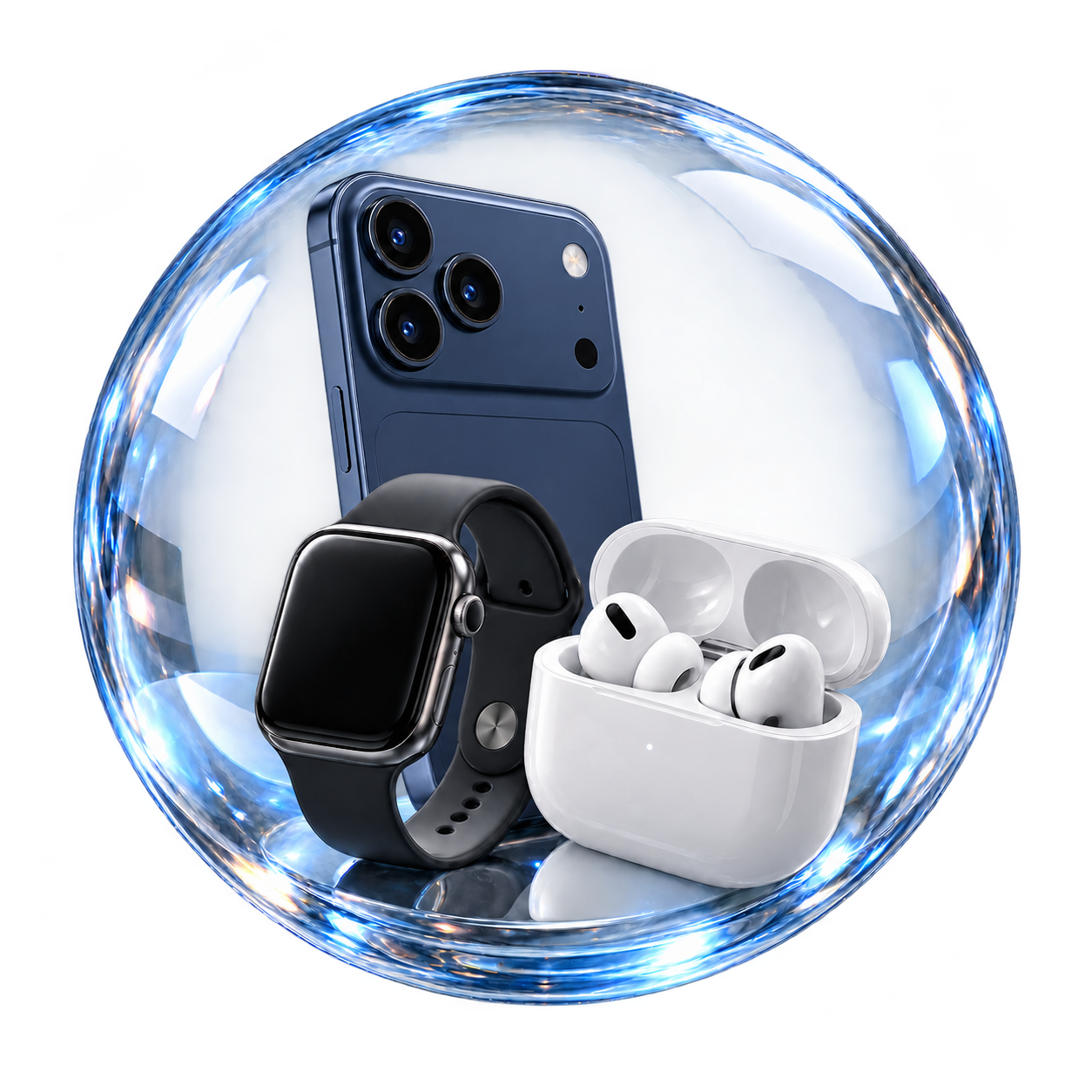 Синий iPhone 17 Pro Max, часы и наушники в защитной стеклянной сфере