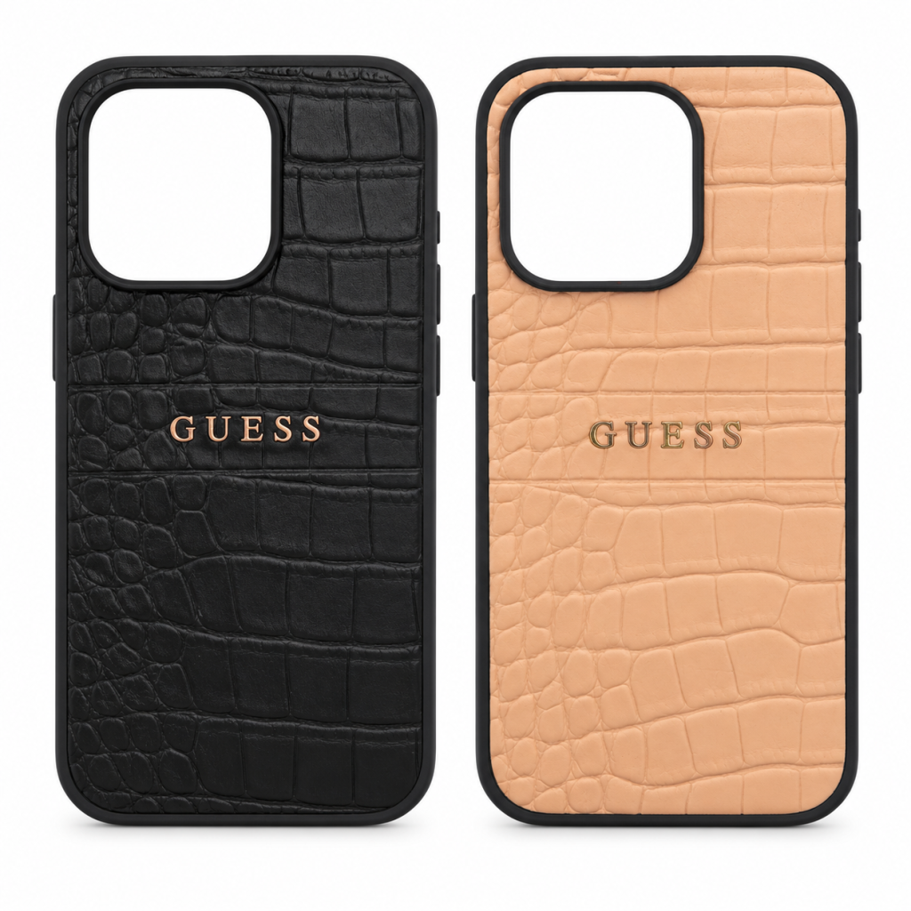 Чехол Guess Real Leather Croco для iPhone 15 Pro — цвета: чёрный, бежевый